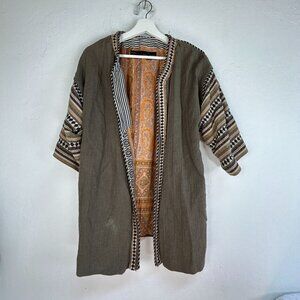 Zara Basic Khaki Green Embroidered Open Kimono Robe Jacket Medium Ramie Blend